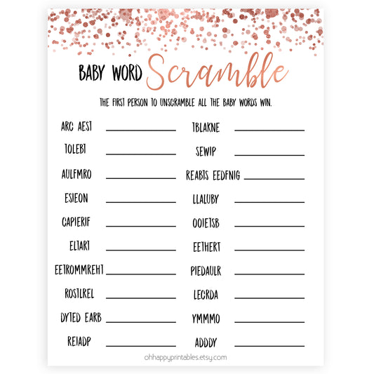 Rose Gold Baby Word Scramble Game, Baby Word Scramble, Baby Scattagories, Funny Baby Shower Games, Word Scramble, Baby Shower Printable baby shower games, fun baby shower games, popular baby shower game
