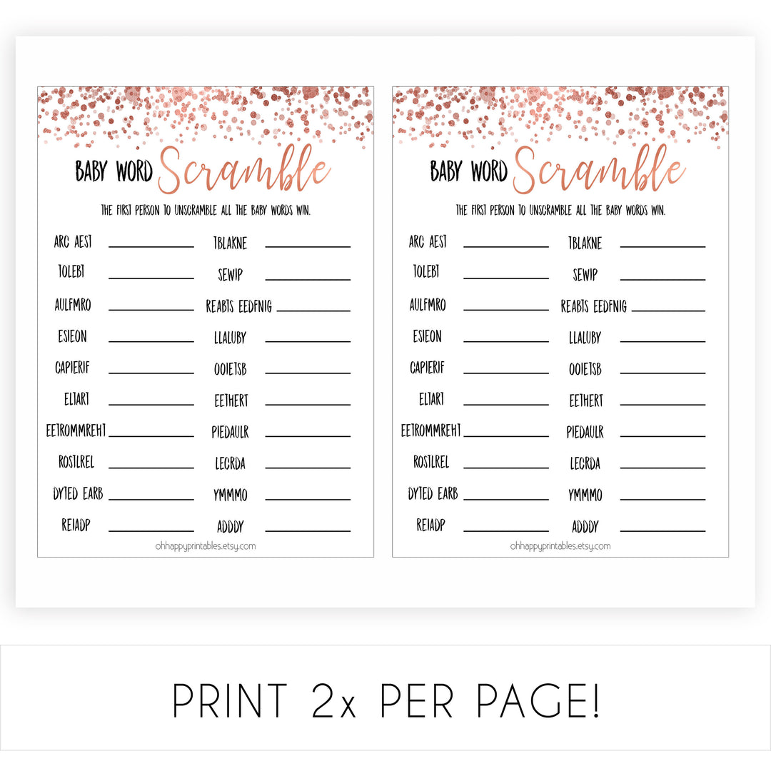Rose Gold Baby Word Scramble Game, Baby Word Scramble, Baby Scattagories, Funny Baby Shower Games, Word Scramble, Baby Shower Printable baby shower games, fun baby shower games, popular baby shower game