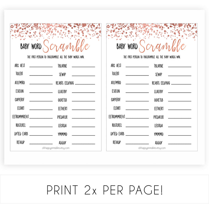 Rose Gold Baby Word Scramble Game, Baby Word Scramble, Baby Scattagories, Funny Baby Shower Games, Word Scramble, Baby Shower Printable baby shower games, fun baby shower games, popular baby shower game