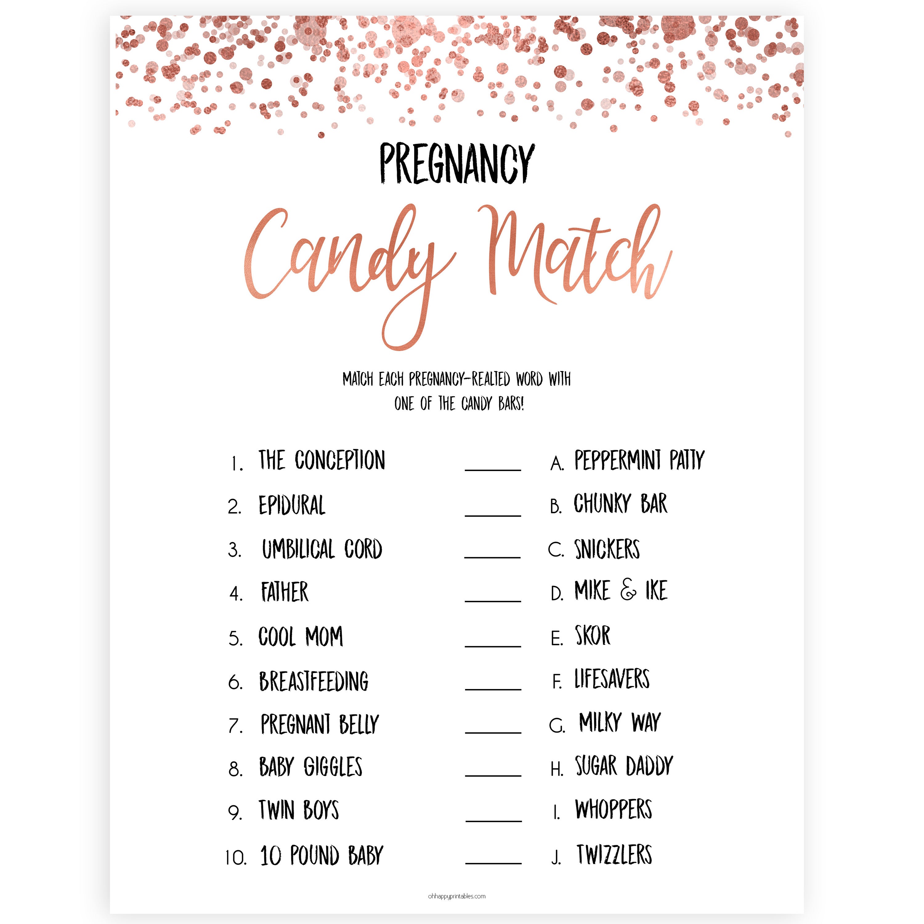 Rose Gold Pregnancy Candy Match Game, Printable Baby Shower Games, Candy Match Baby Game, Rose Baby Shower Games, Pregnancy Candy Match, printable baby shower games, fun baby shower games, popular baby shower games