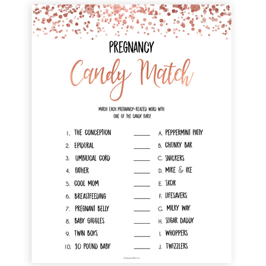 Rose Gold Pregnancy Candy Match Game, Printable Baby Shower Games, Candy Match Baby Game, Rose Baby Shower Games, Pregnancy Candy Match, printable baby shower games, fun baby shower games, popular baby shower games