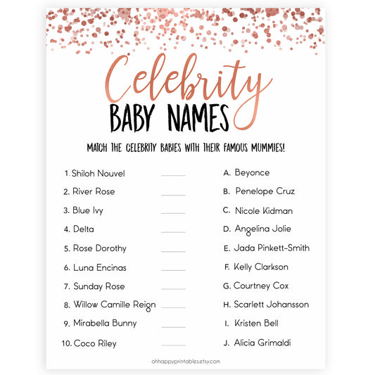 Rose Gold Celebrity Baby Names, Guess the Celebrity Baby, Famous Babies Game, Celebrity Babies Game, Rose Gold Baby Shower, Printable Game, fun baby shower games, popular baby shower games