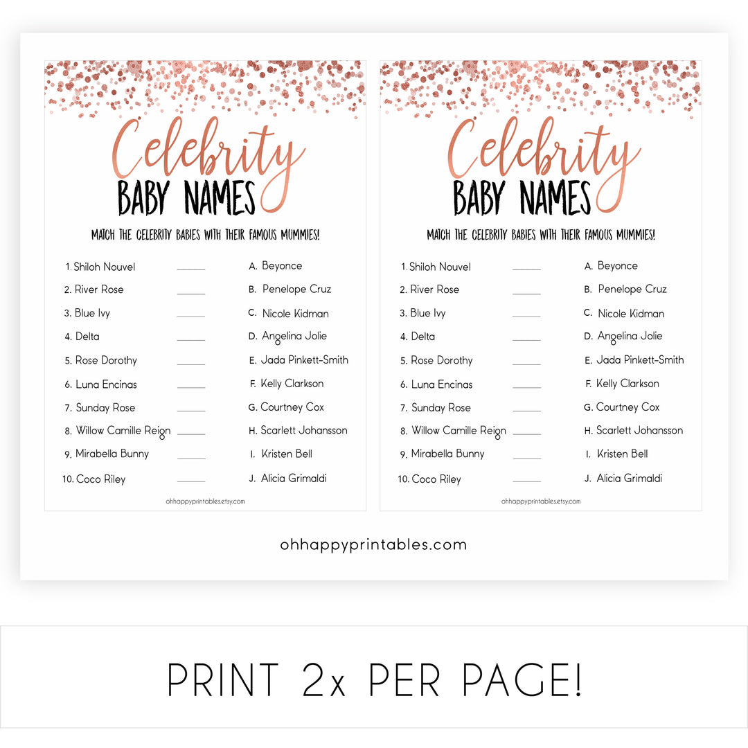 Rose Gold Celebrity Baby Names, Guess the Celebrity Baby, Famous Babies Game, Celebrity Babies Game, Rose Gold Baby Shower, Printable Game, fun baby shower games, popular baby shower games