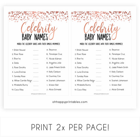 Rose Gold Celebrity Baby Names, Guess the Celebrity Baby, Famous Babies Game, Celebrity Babies Game, Rose Gold Baby Shower, Printable Game, fun baby shower games, popular baby shower games