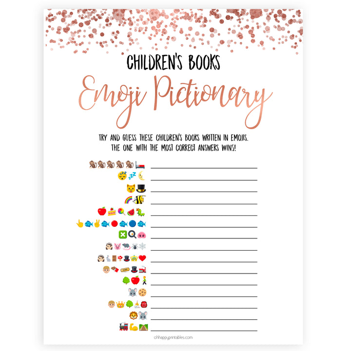 Rose Gold Childrens Books Emoji Pictionary, Childrens Book Emoji Game, Baby Emoji Pictionary, Printable Baby Shower Games, Baby Emoji , fun baby shower games, popular baby shower games