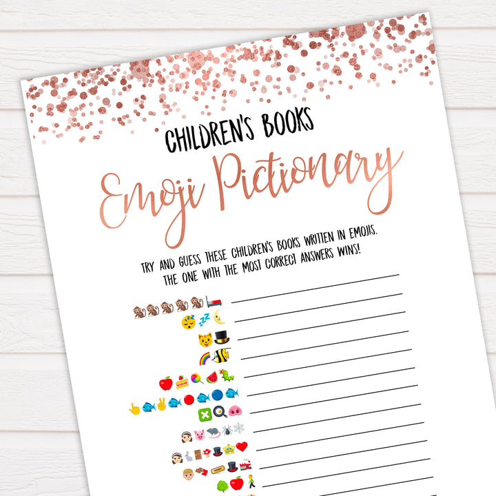 Rose Gold Childrens Books Emoji Pictionary, Childrens Book Emoji Game, Baby Emoji Pictionary, Printable Baby Shower Games, Baby Emoji , fun baby shower games, popular baby shower games