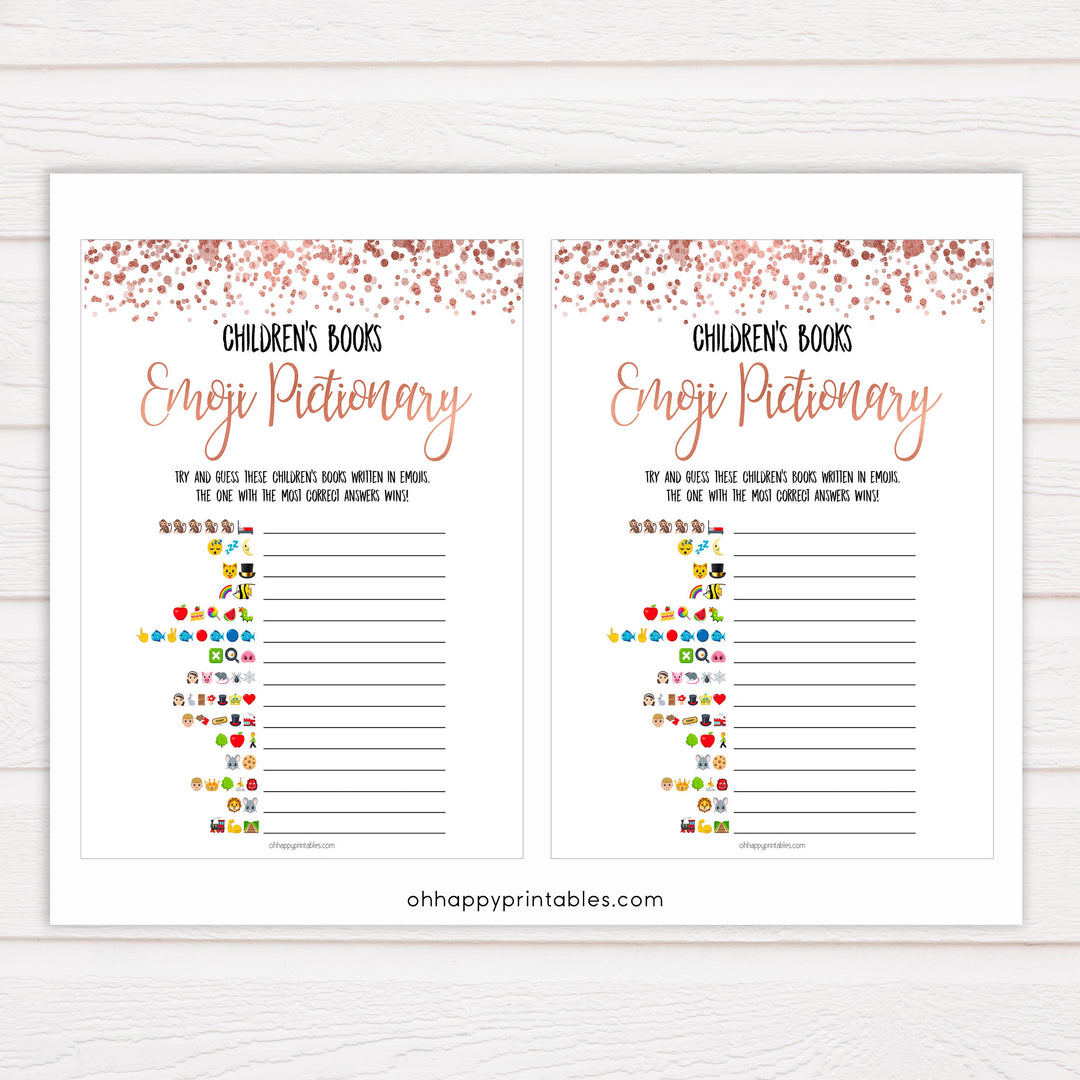 Rose Gold Childrens Books Emoji Pictionary, Childrens Book Emoji Game, Baby Emoji Pictionary, Printable Baby Shower Games, Baby Emoji , fun baby shower games, popular baby shower games