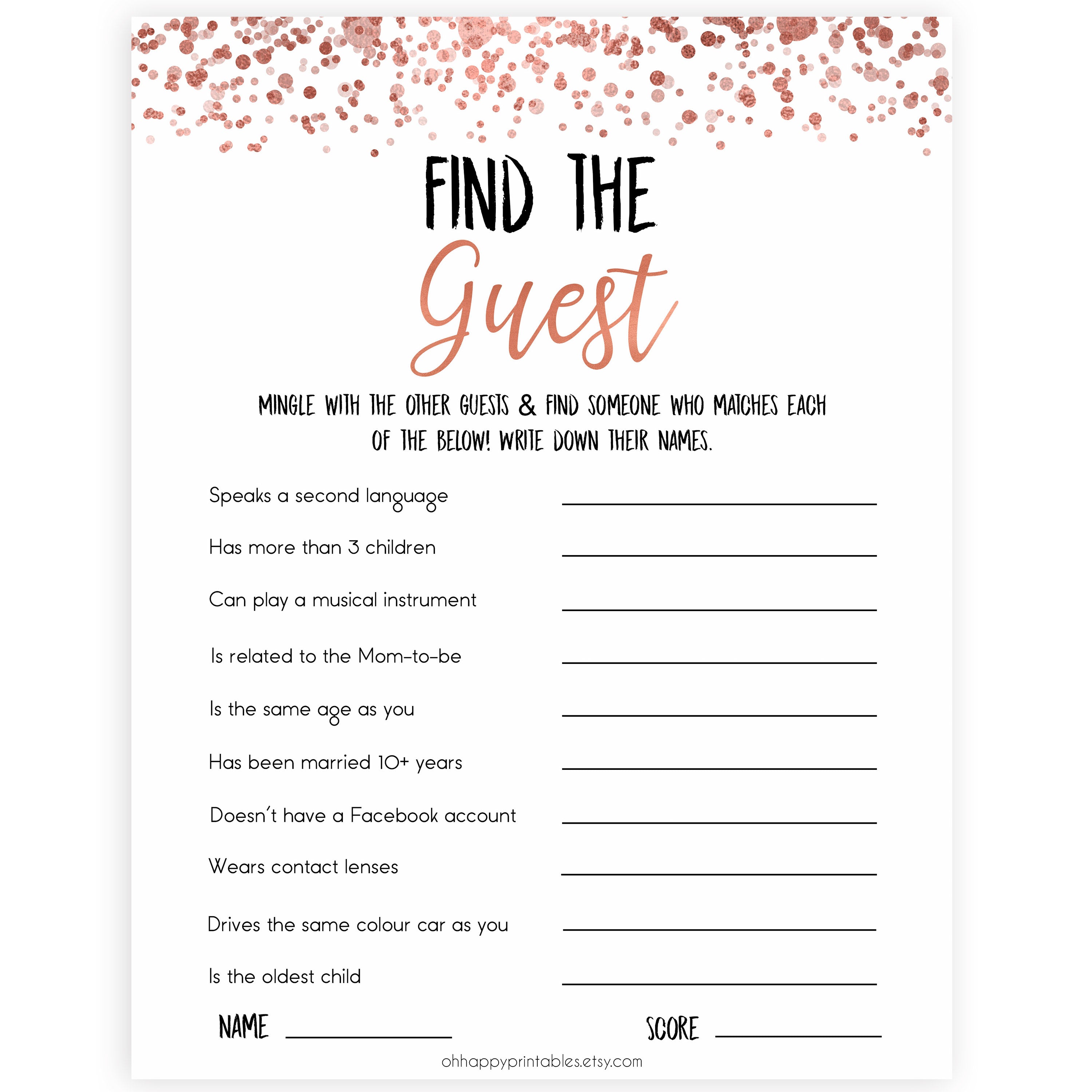 Rose Gold Find The Guest Baby Shower Game,Find the Guest, Ice Breaker Game, Fun Baby Shower Games, Rose Gold Baby Shower, Find the Guest, printable baby shower games, fun baby shower games, popular baby shower games