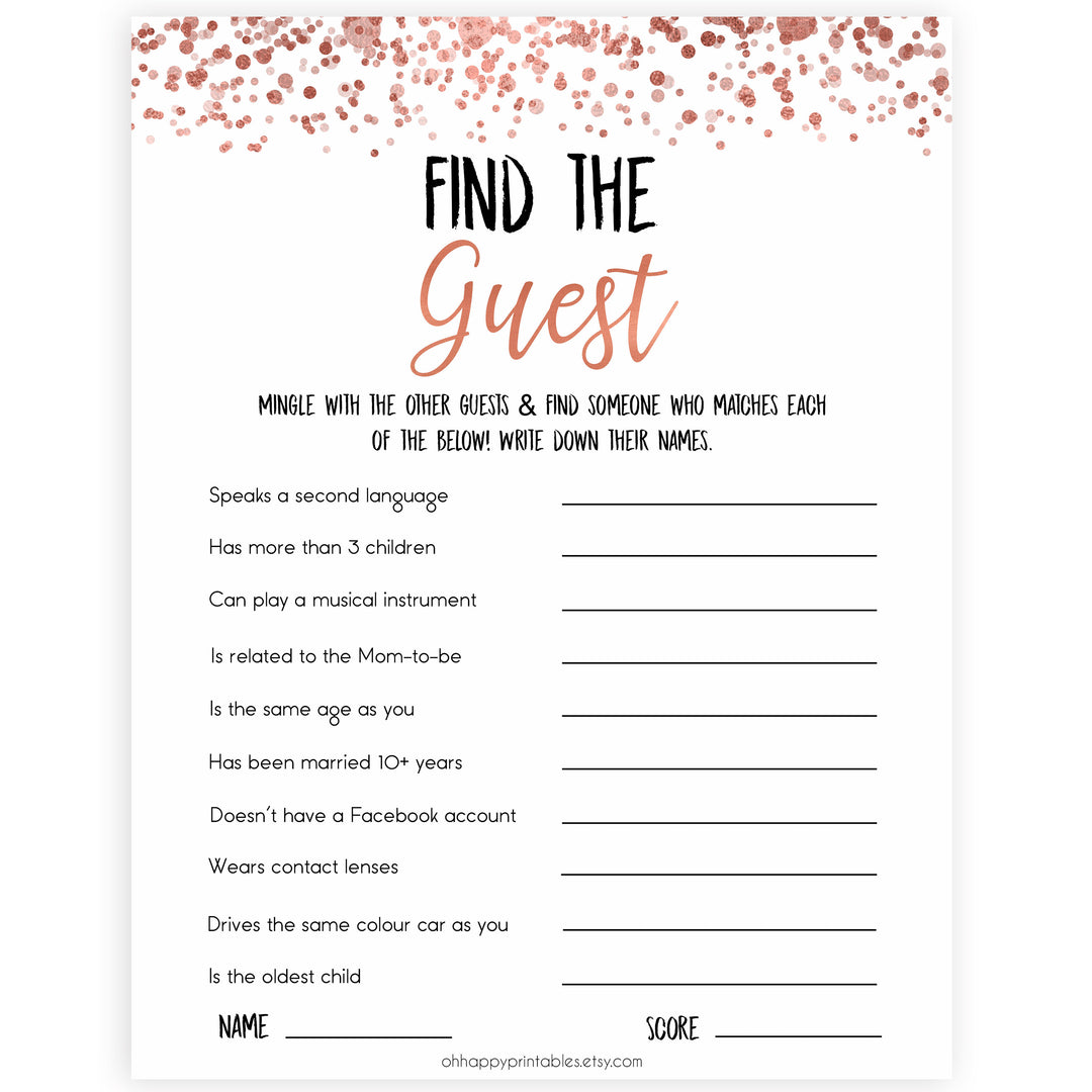 Rose Gold Find The Guest Baby Shower Game,Find the Guest, Ice Breaker Game, Fun Baby Shower Games, Rose Gold Baby Shower, Find the Guest, printable baby shower games, fun baby shower games, popular baby shower games