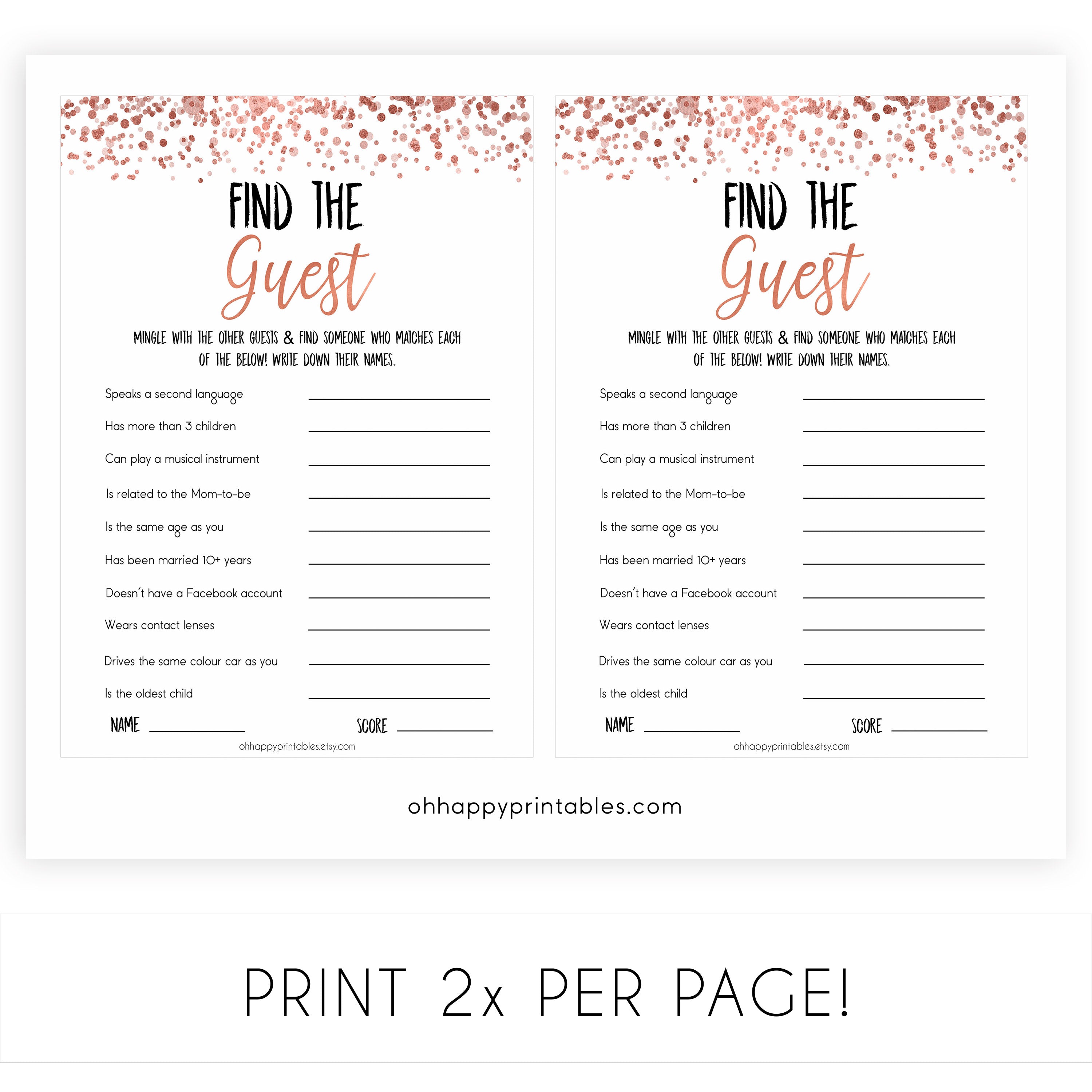 Rose Gold Find The Guest Baby Shower Game,Find the Guest, Ice Breaker Game, Fun Baby Shower Games, Rose Gold Baby Shower, Find the Guest, printable baby shower games, fun baby shower games, popular baby shower games