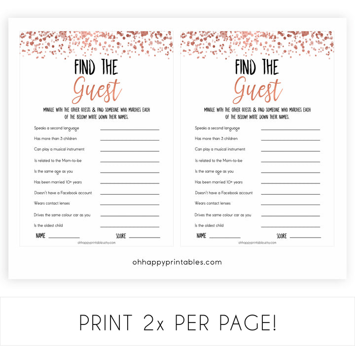 Rose Gold Find The Guest Baby Shower Game,Find the Guest, Ice Breaker Game, Fun Baby Shower Games, Rose Gold Baby Shower, Find the Guest, printable baby shower games, fun baby shower games, popular baby shower games