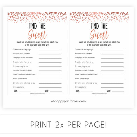 Rose Gold Find The Guest Baby Shower Game,Find the Guest, Ice Breaker Game, Fun Baby Shower Games, Rose Gold Baby Shower, Find the Guest, printable baby shower games, fun baby shower games, popular baby shower games