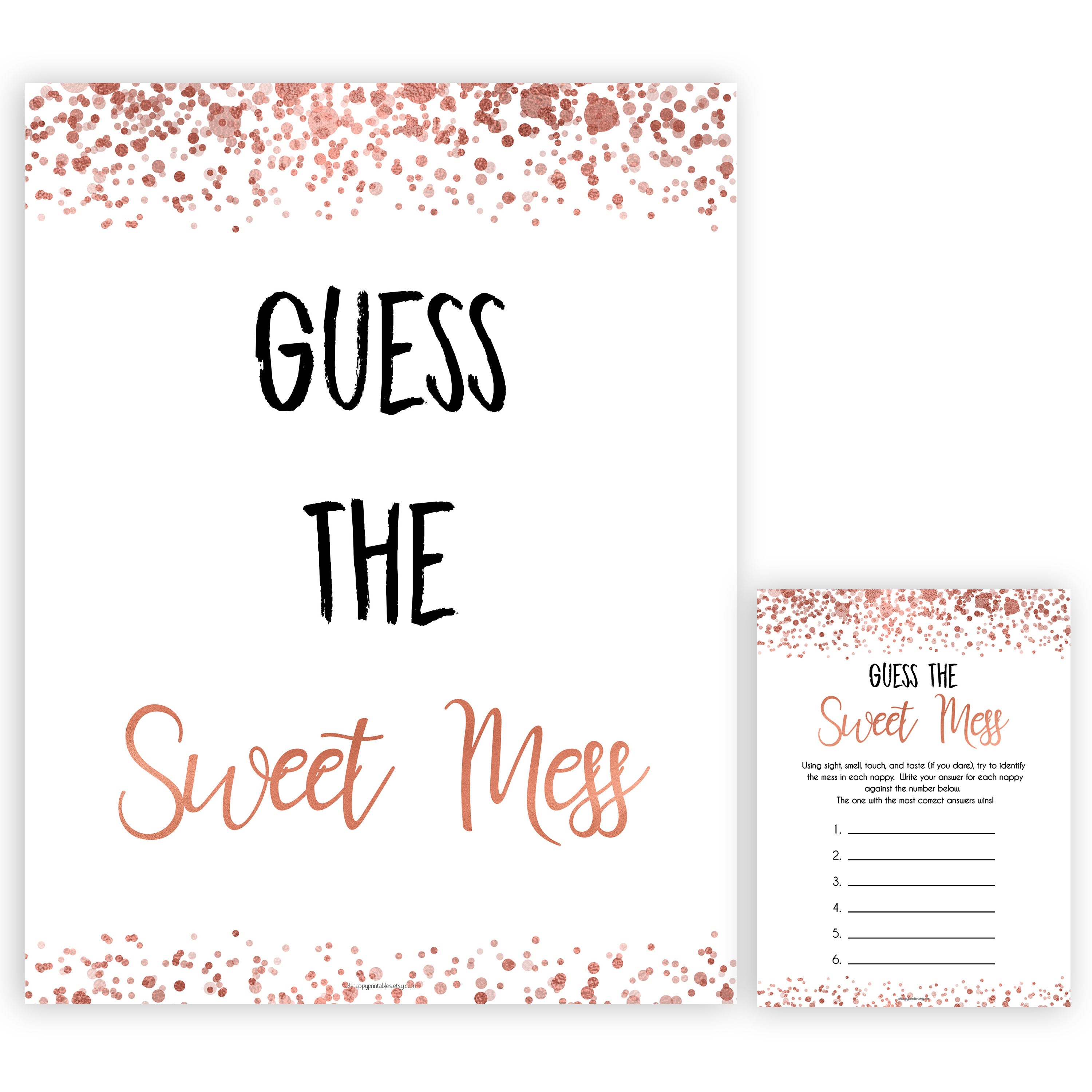 rose gold guess the sweet mess game, printable baby shower games, fun baby games, rose gold baby games, popular baby games