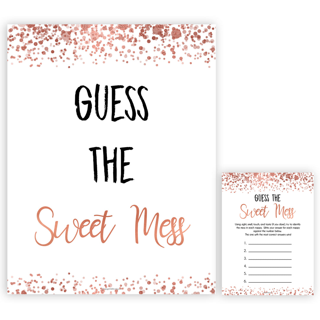 rose gold guess the sweet mess game, printable baby shower games, fun baby games, rose gold baby games, popular baby games