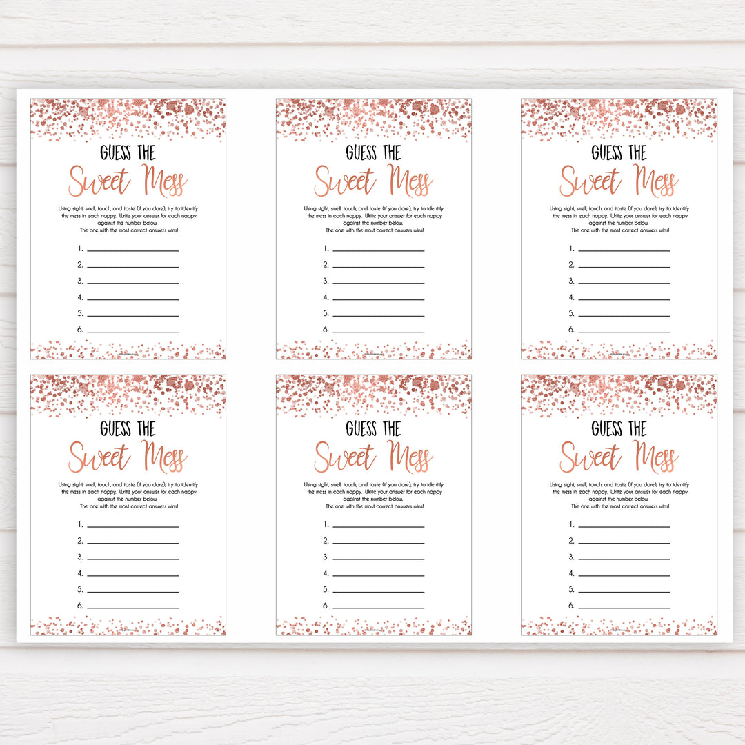 rose gold guess the sweet mess game, printable baby shower games, fun baby games, rose gold baby games, popular baby games