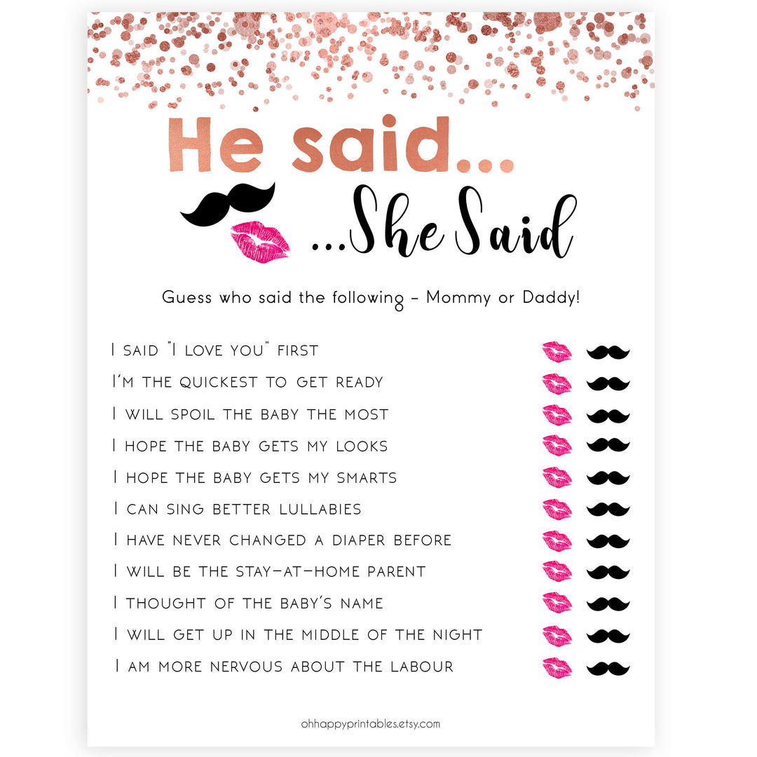 ose Gold He Said She Said Baby Shower Game, Who Said it Game, Daddy or Mommy, Baby Shower Games, He Said She Said, He Said She Said Game, printable baby shower games, fun baby shower games, popular baby games