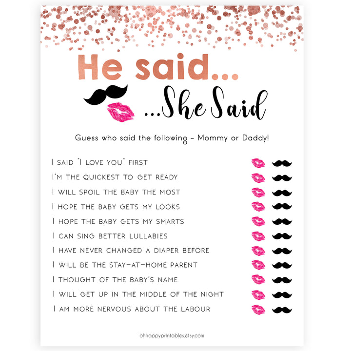 ose Gold He Said She Said Baby Shower Game, Who Said it Game, Daddy or Mommy, Baby Shower Games, He Said She Said, He Said She Said Game, printable baby shower games, fun baby shower games, popular baby games
