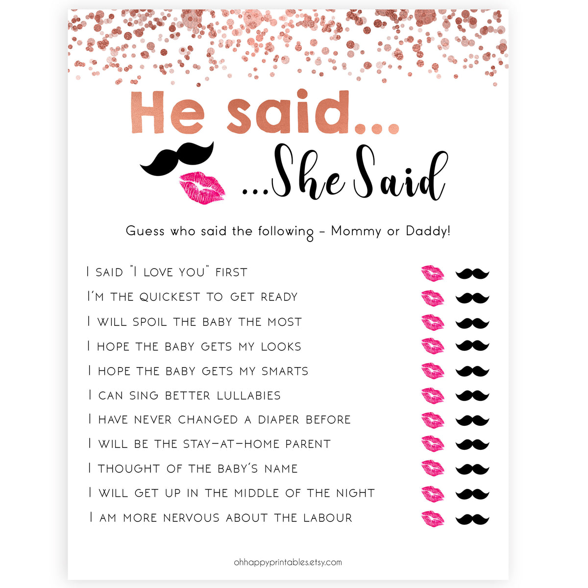 ose Gold He Said She Said Baby Shower Game, Who Said it Game, Daddy or Mommy, Baby Shower Games, He Said She Said, He Said She Said Game, printable baby shower games, fun baby shower games, popular baby games