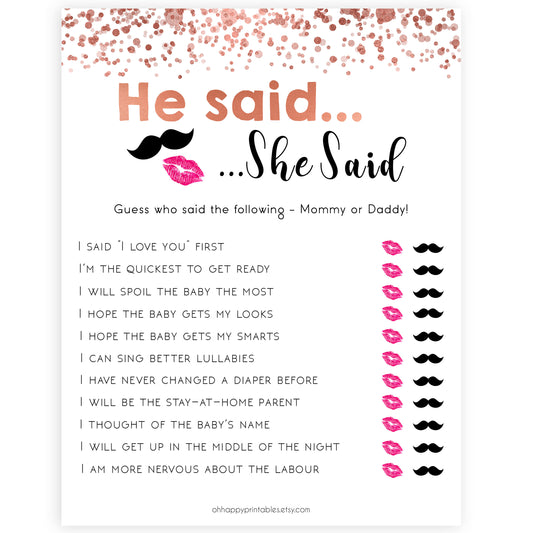 ose Gold He Said She Said Baby Shower Game, Who Said it Game, Daddy or Mommy, Baby Shower Games, He Said She Said, He Said She Said Game, printable baby shower games, fun baby shower games, popular baby games