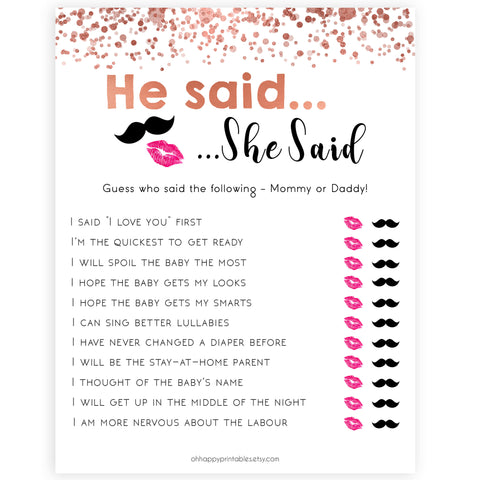 ose Gold He Said She Said Baby Shower Game, Who Said it Game, Daddy or Mommy, Baby Shower Games, He Said She Said, He Said She Said Game, printable baby shower games, fun baby shower games, popular baby games