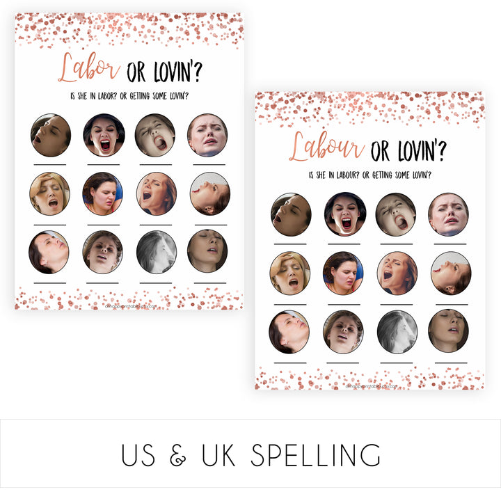 Rose Gold Labour or Lovin Game, Baby Shower Games, Labour or Lovin, Lovin or Labour, Labor or Lovin, Funny Baby Shower, Printable, printable baby shower games, fun baby shower games, popular baby shower games