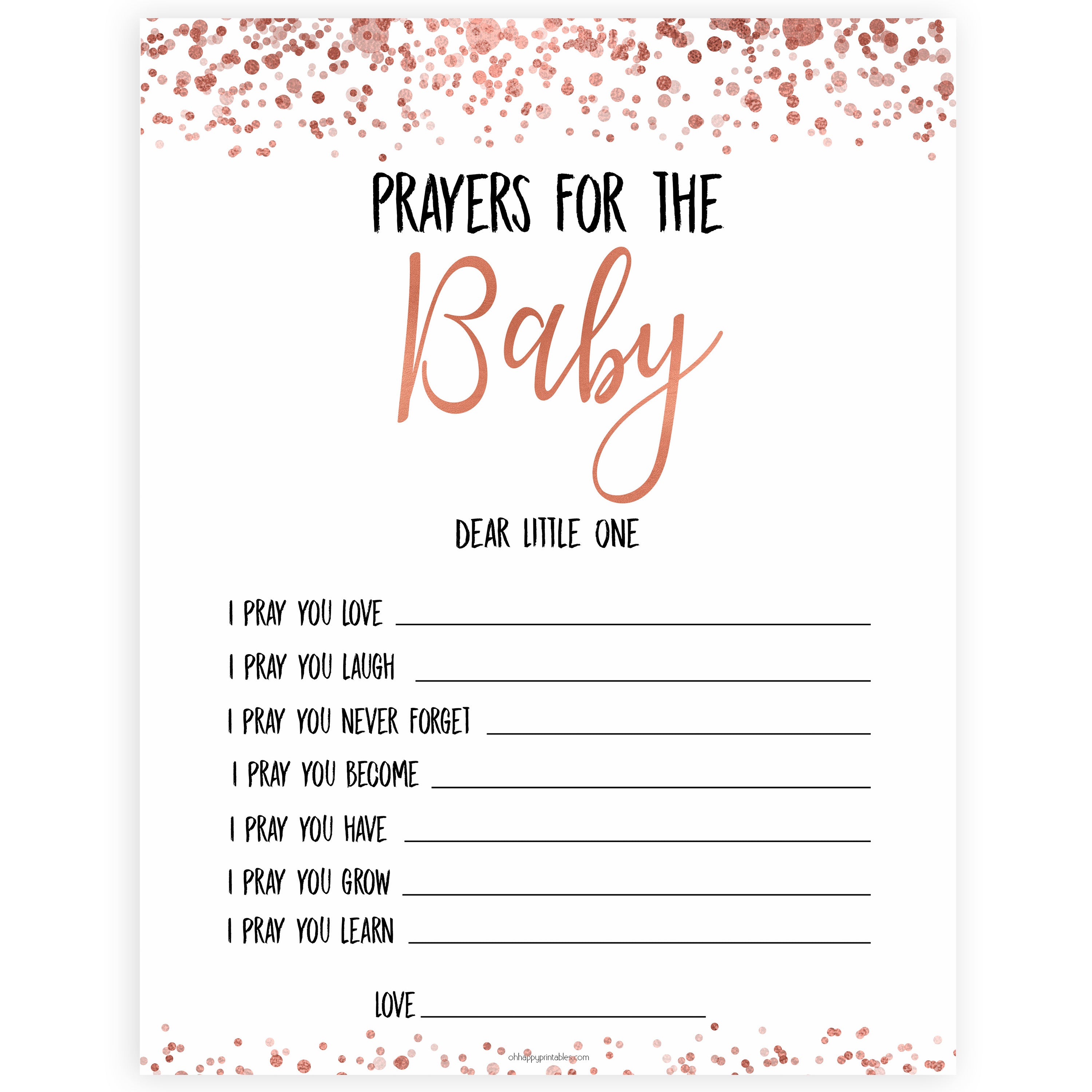 Rose Gold Prayers For The Baby, Baby Prayers, Prayers for The Baby, Rose Gold Baby Shower, Baby Shower Baby Prayers, Baby Prayers Cards, printable baby shower games, fun baby shower games, popular baby shower games