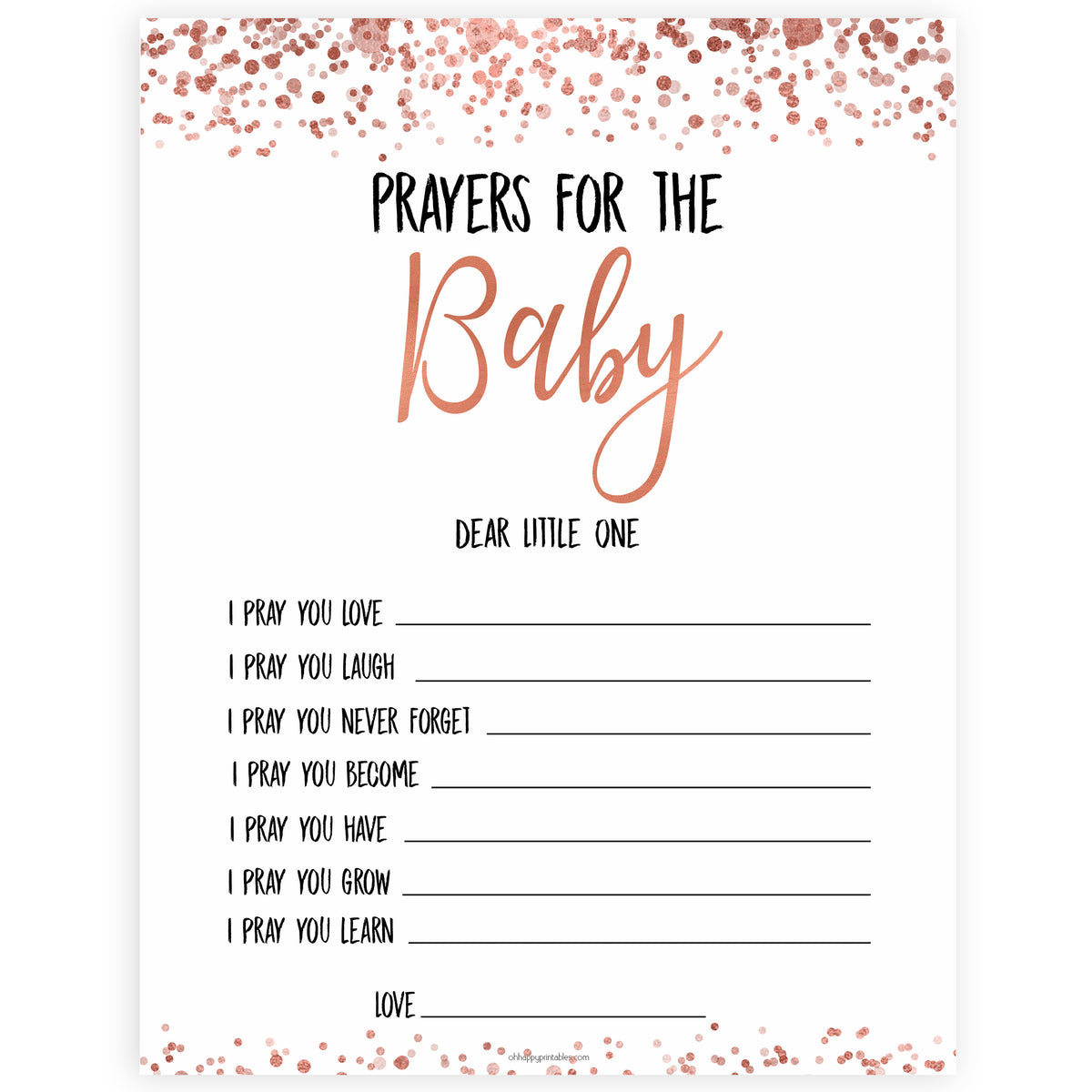 Rose Gold Prayers For The Baby, Baby Prayers, Prayers for The Baby, Rose Gold Baby Shower, Baby Shower Baby Prayers, Baby Prayers Cards, printable baby shower games, fun baby shower games, popular baby shower games