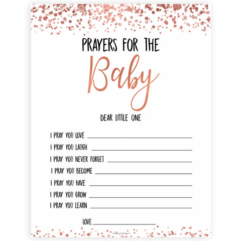 Rose Gold Prayers For The Baby, Baby Prayers, Prayers for The Baby, Rose Gold Baby Shower, Baby Shower Baby Prayers, Baby Prayers Cards, printable baby shower games, fun baby shower games, popular baby shower games