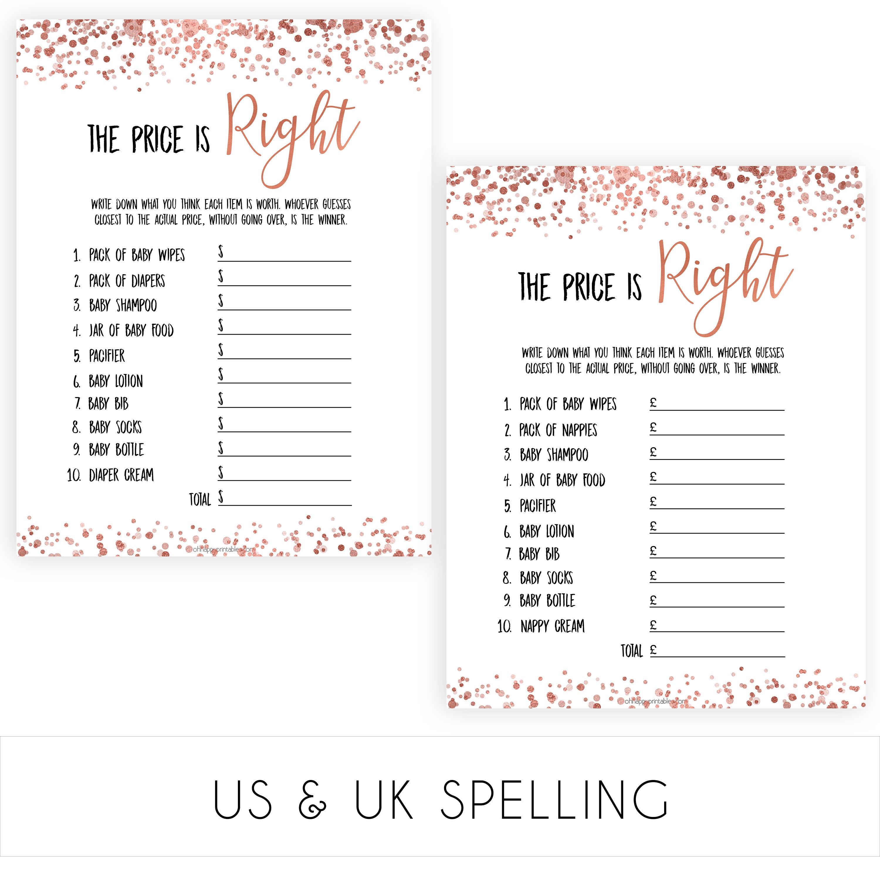 Rose Gold Price Is Right Baby Shower Game, Roe Gold Guess The Price Games, Printable Baby Shower Games, Rose Gold Price Is Right Game, printable baby shower games, fun baby shower games, popular baby shower games
