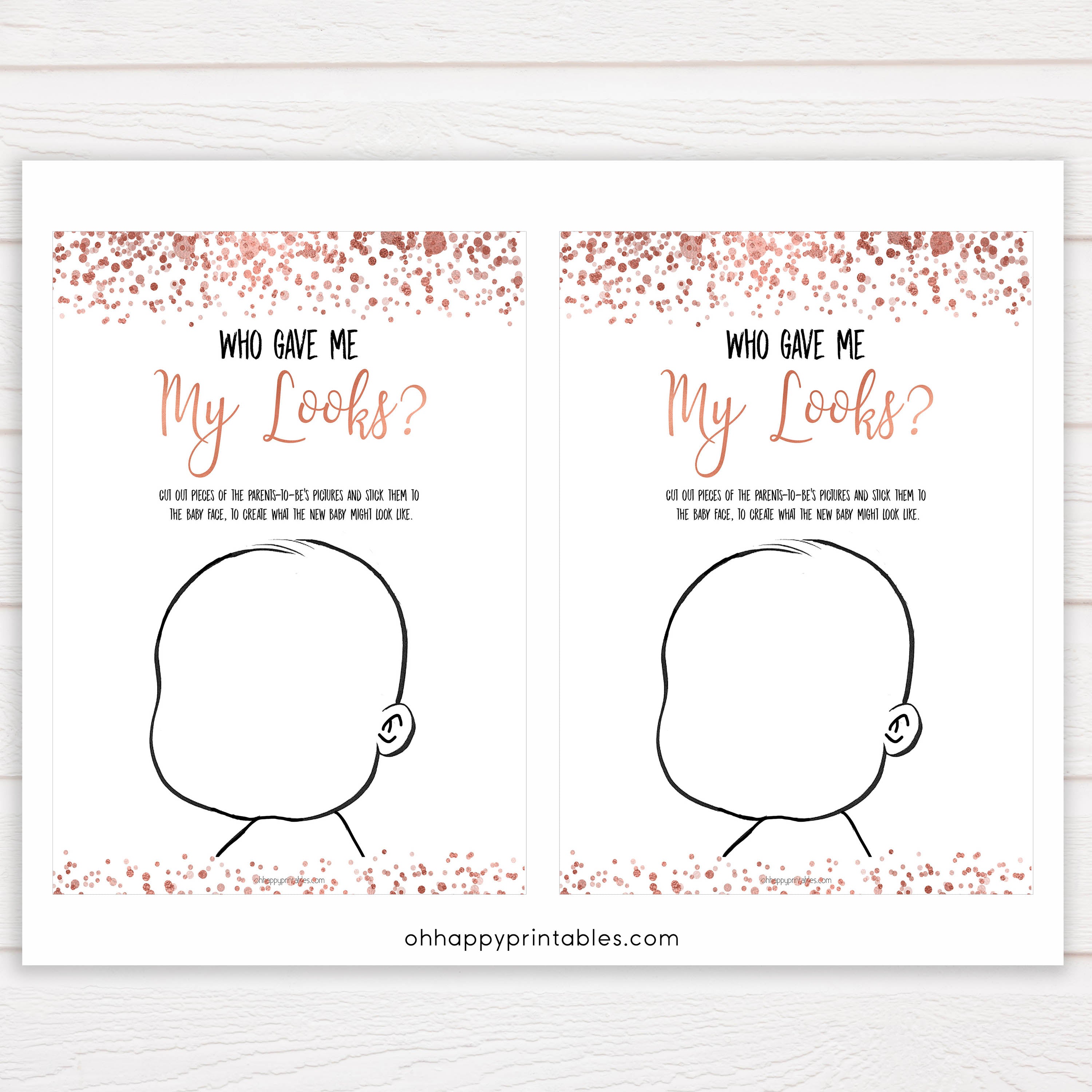 Rose Gold Baby Face Game, What Will Baby Look Like, Baby Face, Guess The Looks, Printable Baby Shower Game, Baby Face, Baby Shower Games, who gave me my looks, printable baby shower games, fun baby shower games, popular baby shower games