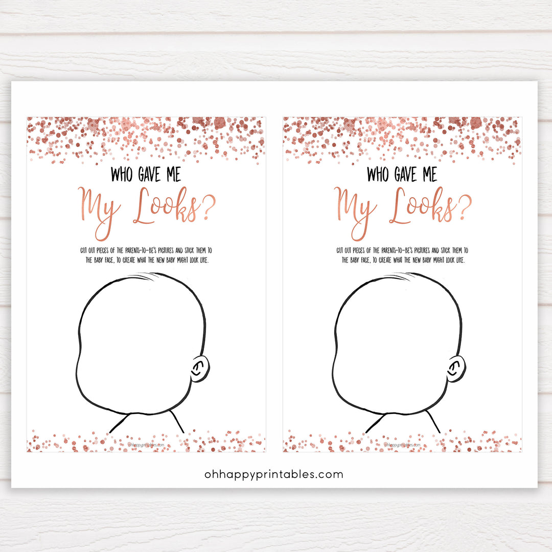 Rose Gold Baby Face Game, What Will Baby Look Like, Baby Face, Guess The Looks, Printable Baby Shower Game, Baby Face, Baby Shower Games, who gave me my looks, printable baby shower games, fun baby shower games, popular baby shower games