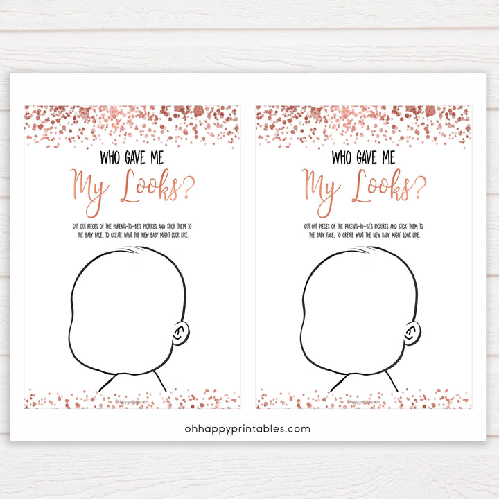 Rose Gold Baby Face Game, What Will Baby Look Like, Baby Face, Guess The Looks, Printable Baby Shower Game, Baby Face, Baby Shower Games, who gave me my looks, printable baby shower games, fun baby shower games, popular baby shower games