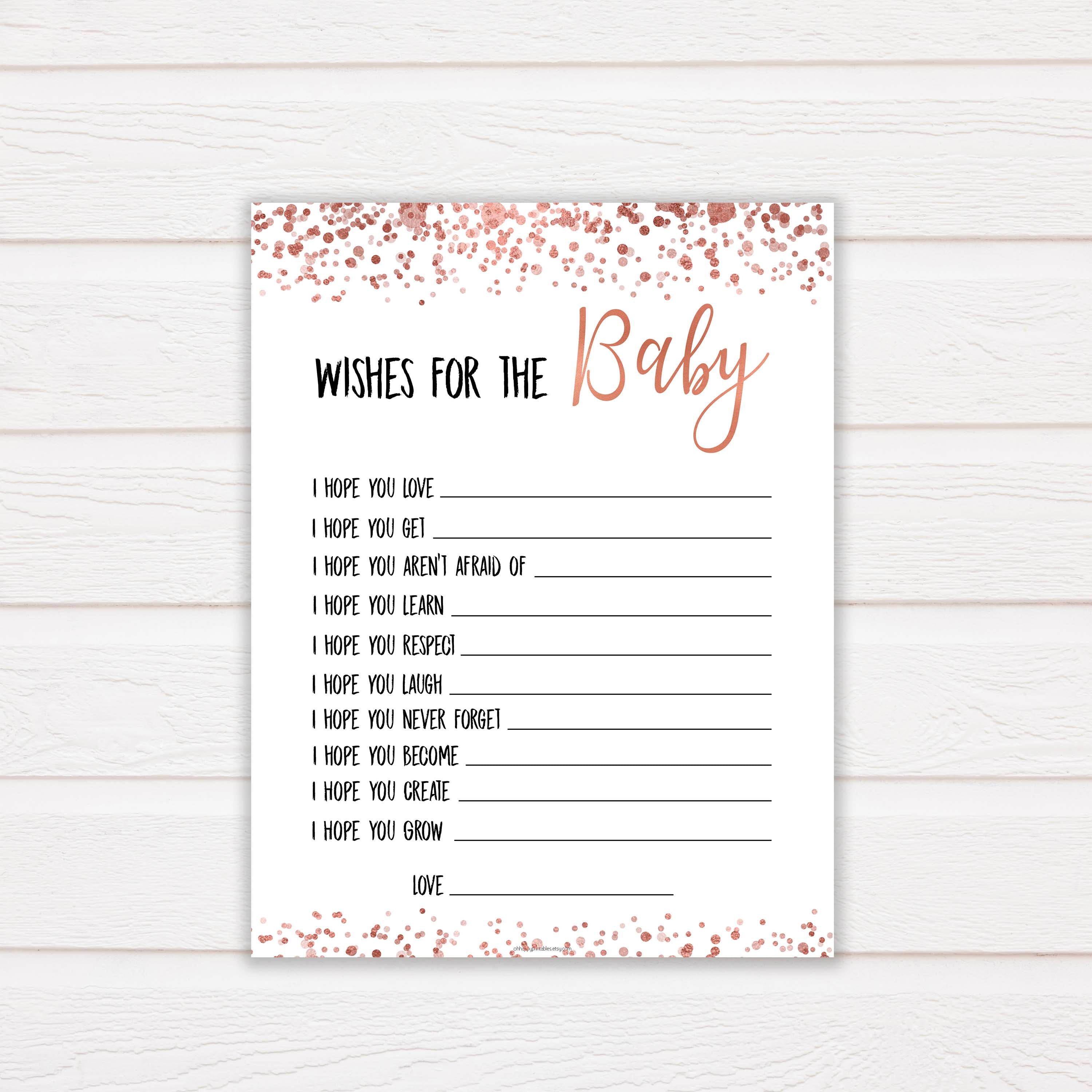 Rose Gold Wishes For The Baby, Baby Wishes, Wishes for The Baby, Printable Baby Shower Games, Baby Shower Baby Wishes, Baby Wishes Cards, printable baby games, fun baby shower games, popular baby shower games