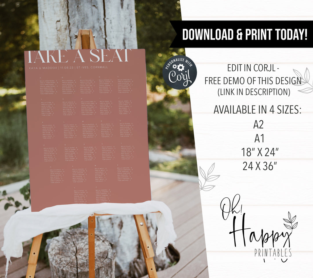 wedding seating chart, printable wedding seating chart, editable wedding seating chart, editable wedding stationery, printable wedding stationery, modern wedding stationery, dusty rose wedding stationery