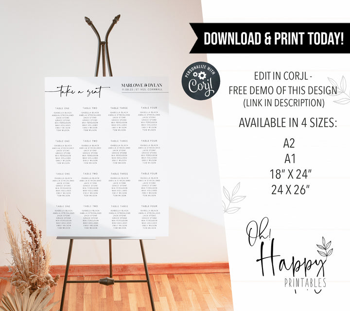 editable wedding seating plan, printable wedding seating chart, wedding table plans, wedding table chart, marlowe wedding collection, modern wedding table charts