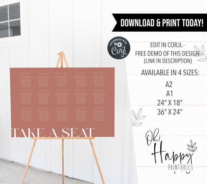 editable wedding seating chart, printable wedding seating chart, editable wedding stationery, printable wedding stationery, modern wedding stationery, dusty rose wedding stationery