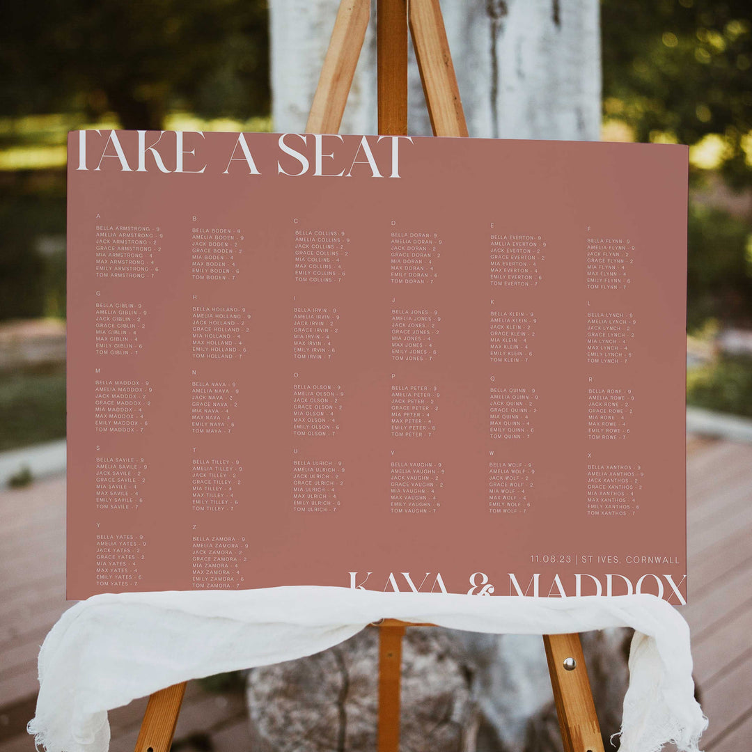 wedding seat chart, wedding seating plans, printable wedding seating chart, editable wedding stationery, printable wedding stationery, modern wedding stationery, dusty rose wedding stationery