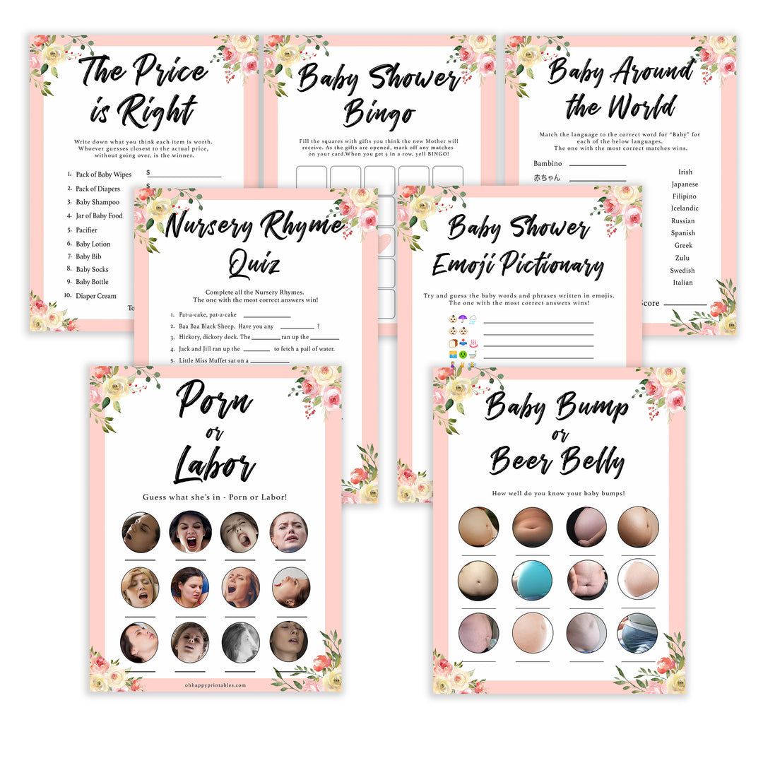 7 games bundle spring floral baby shower games, printable baby shower games, fun baby shower games, baby shower games, popular baby shower games