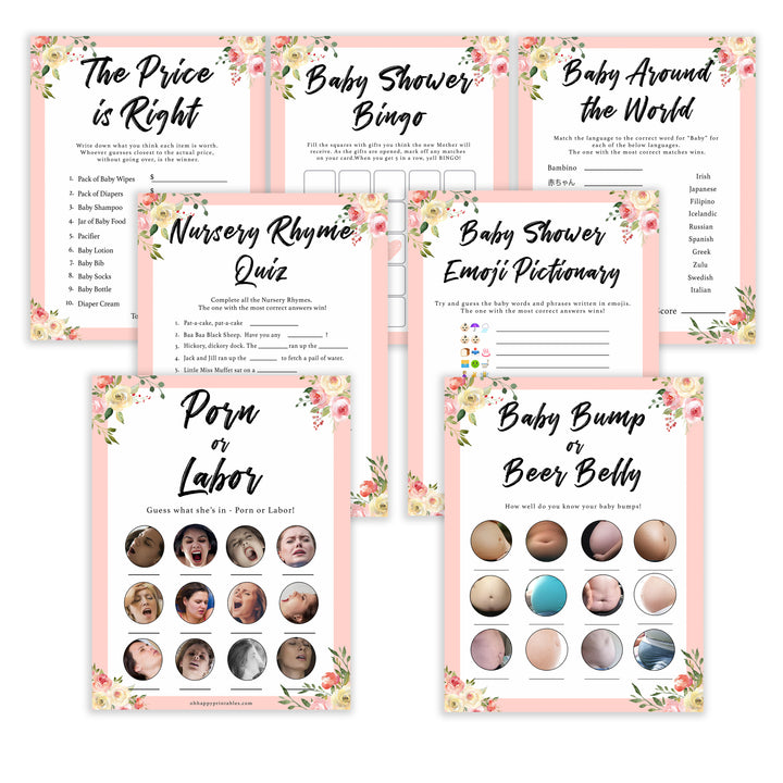 7 games bundle spring floral baby shower games, printable baby shower games, fun baby shower games, baby shower games, popular baby shower games