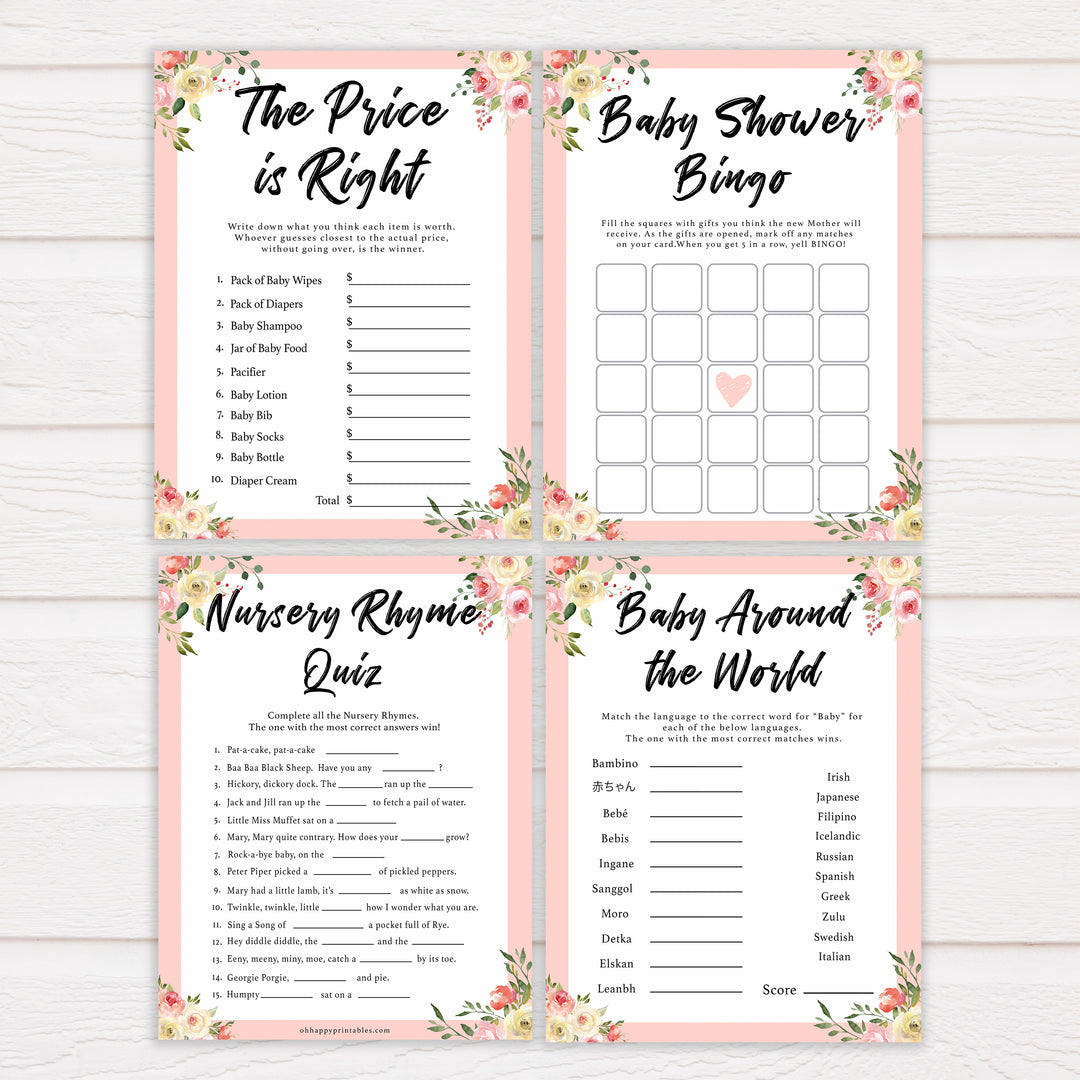 7 games bundle spring floral baby shower games, printable baby shower games, fun baby shower games, baby shower games, popular baby shower games