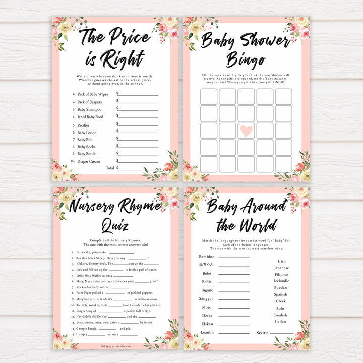 7 games bundle spring floral baby shower games, printable baby shower games, fun baby shower games, baby shower games, popular baby shower games