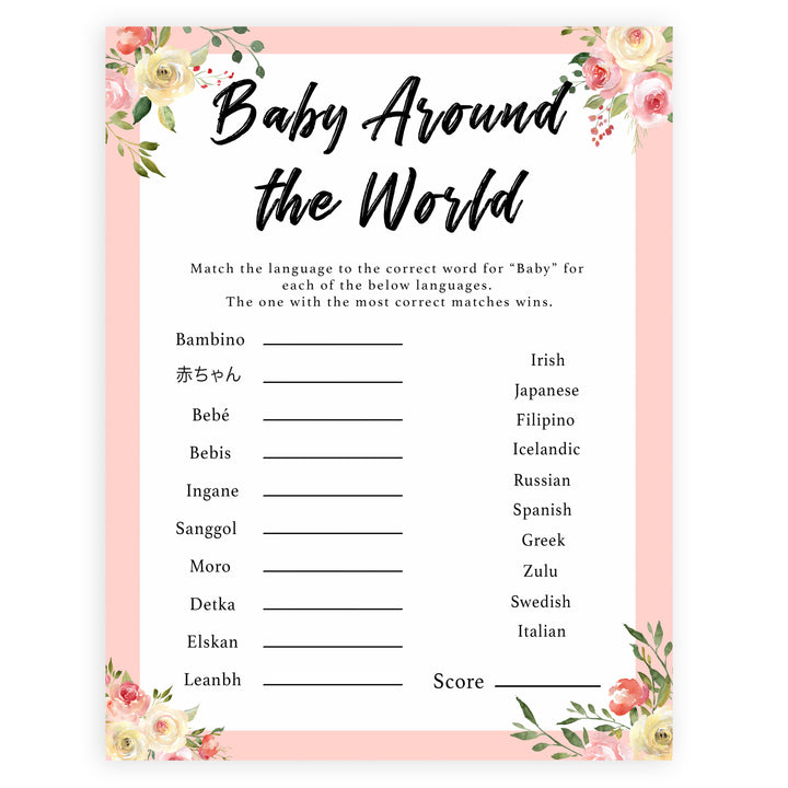 spring floral baby around the world baby shower games, printable baby shower games, fun baby shower games, baby shower games, popular baby shower games
