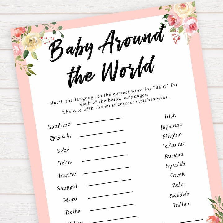 spring floral baby around the world baby shower games, printable baby shower games, fun baby shower games, baby shower games, popular baby shower games