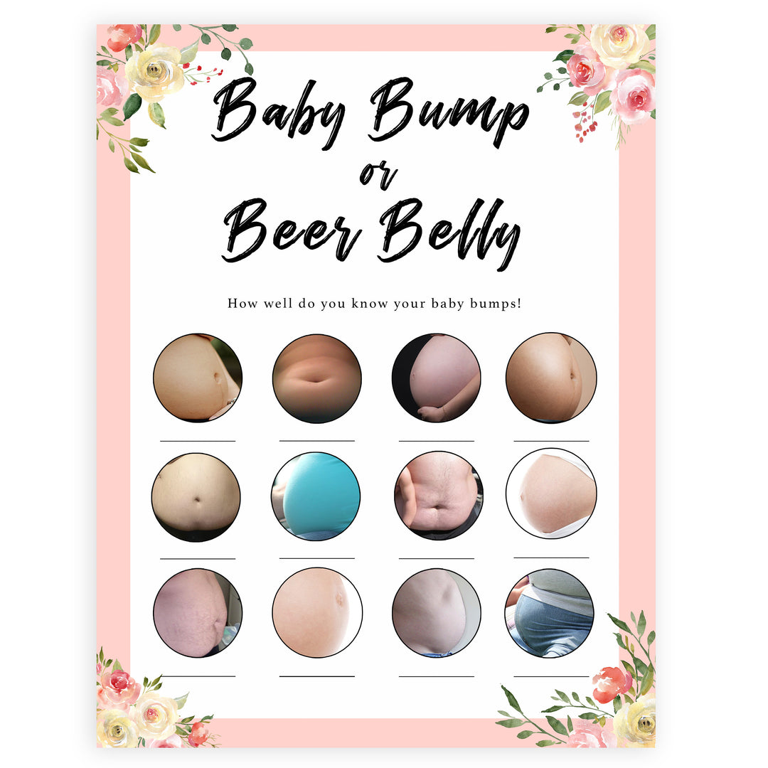 spring floral baby bump or beer belly baby shower games, printable baby shower games, fun baby shower games, baby shower games, popular baby shower games