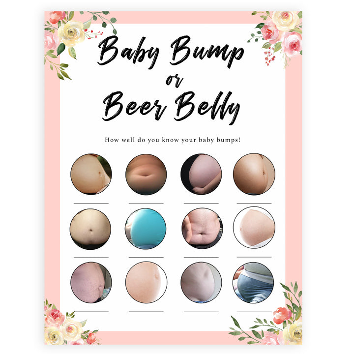 spring floral baby bump or beer belly baby shower games, printable baby shower games, fun baby shower games, baby shower games, popular baby shower games