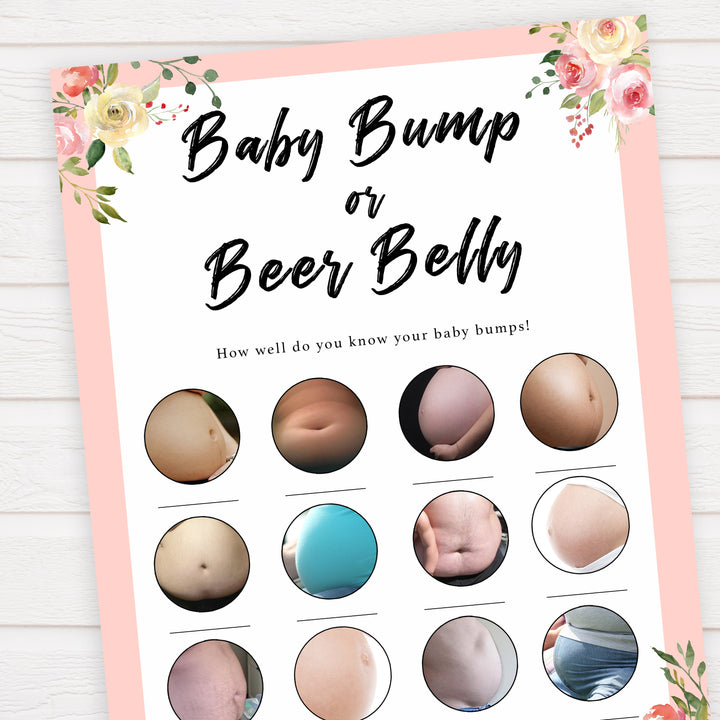 spring floral baby bump or beer belly baby shower games, printable baby shower games, fun baby shower games, baby shower games, popular baby shower games