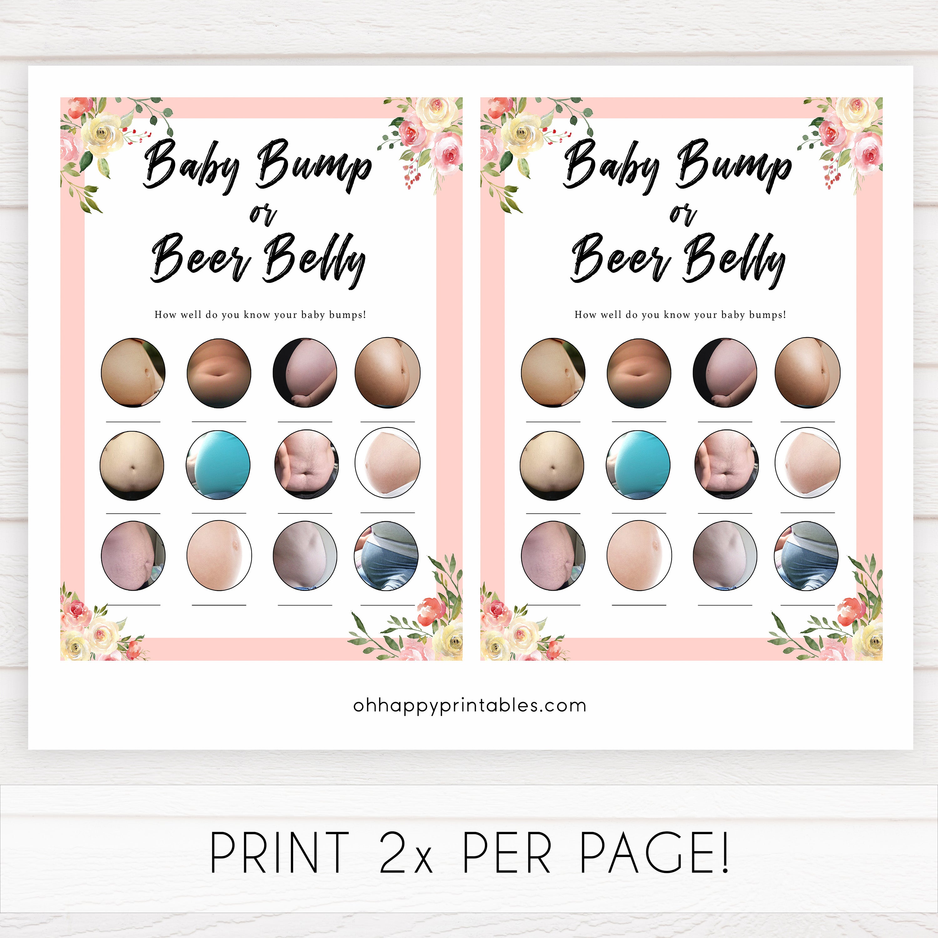 spring floral baby bump or beer belly baby shower games, printable baby shower games, fun baby shower games, baby shower games, popular baby shower games
