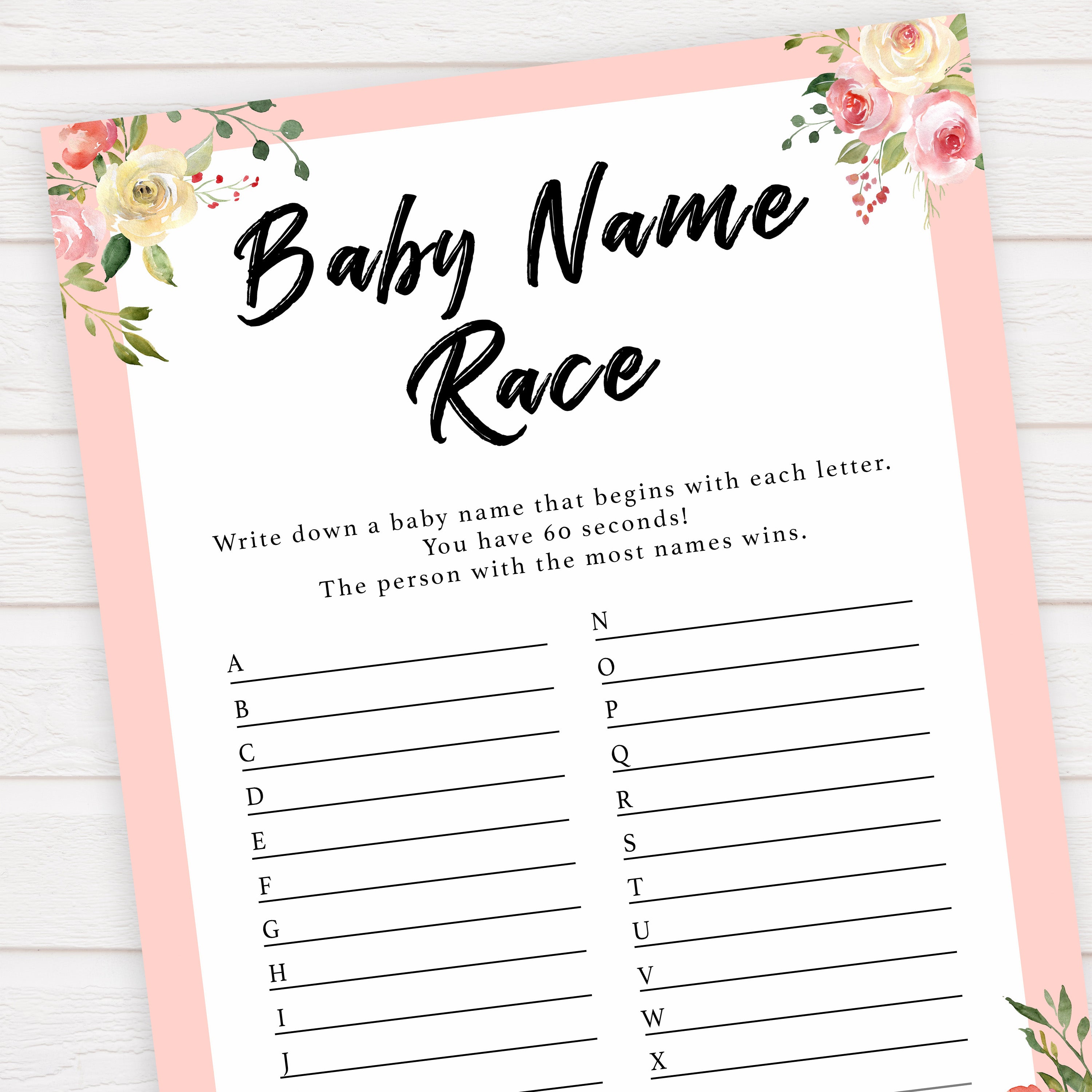 spring floral baby name race baby shower games, printable baby shower games, fun baby shower games, baby shower games, popular baby shower games