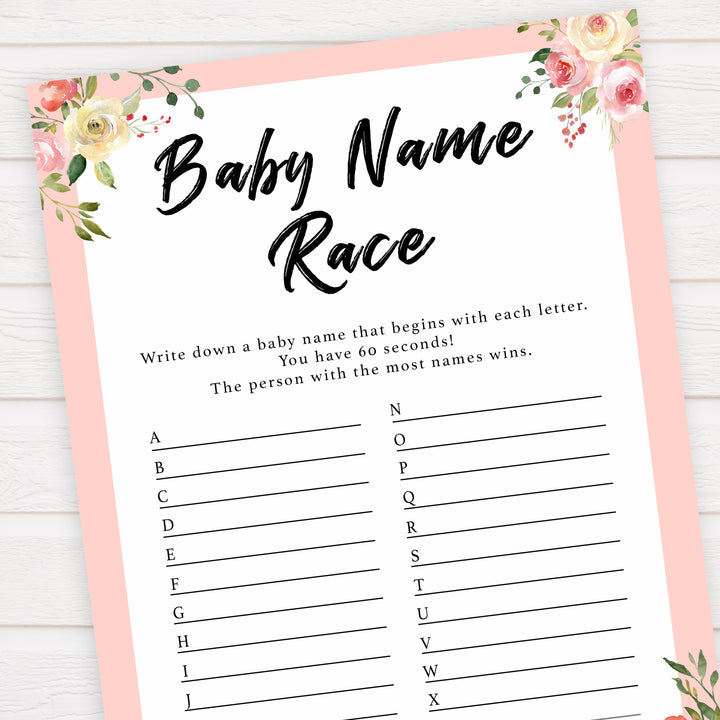 spring floral baby name race baby shower games, printable baby shower games, fun baby shower games, baby shower games, popular baby shower games