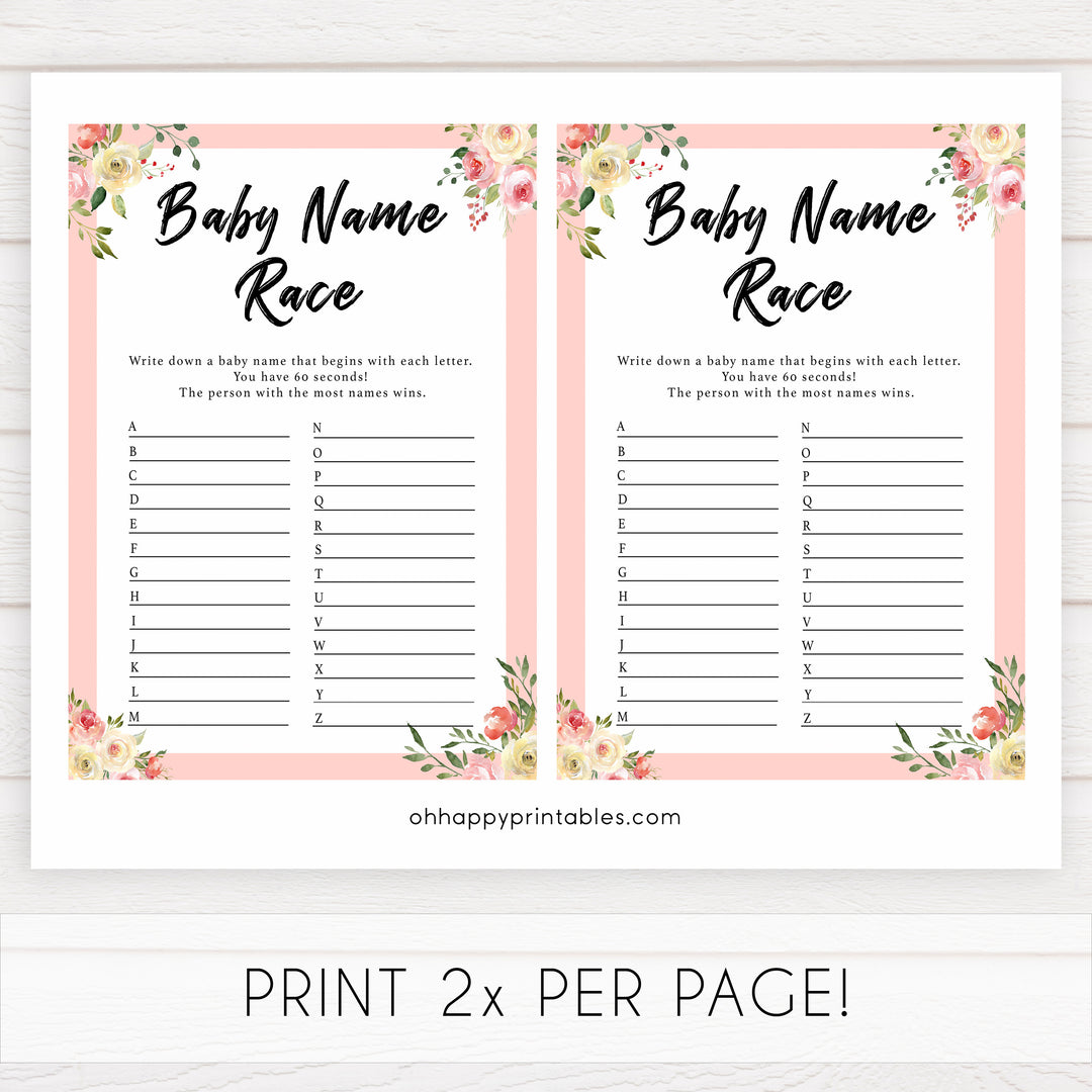 spring floral baby name race baby shower games, printable baby shower games, fun baby shower games, baby shower games, popular baby shower games